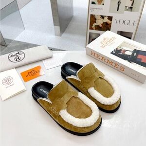 Brown Suede Loafers with Shearling Accent